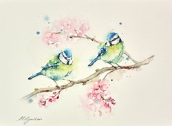 Blue Tits and Blossom by Amanda Gordon - Original on Paper sized 12x10 inches. Available from Whitewall Galleries